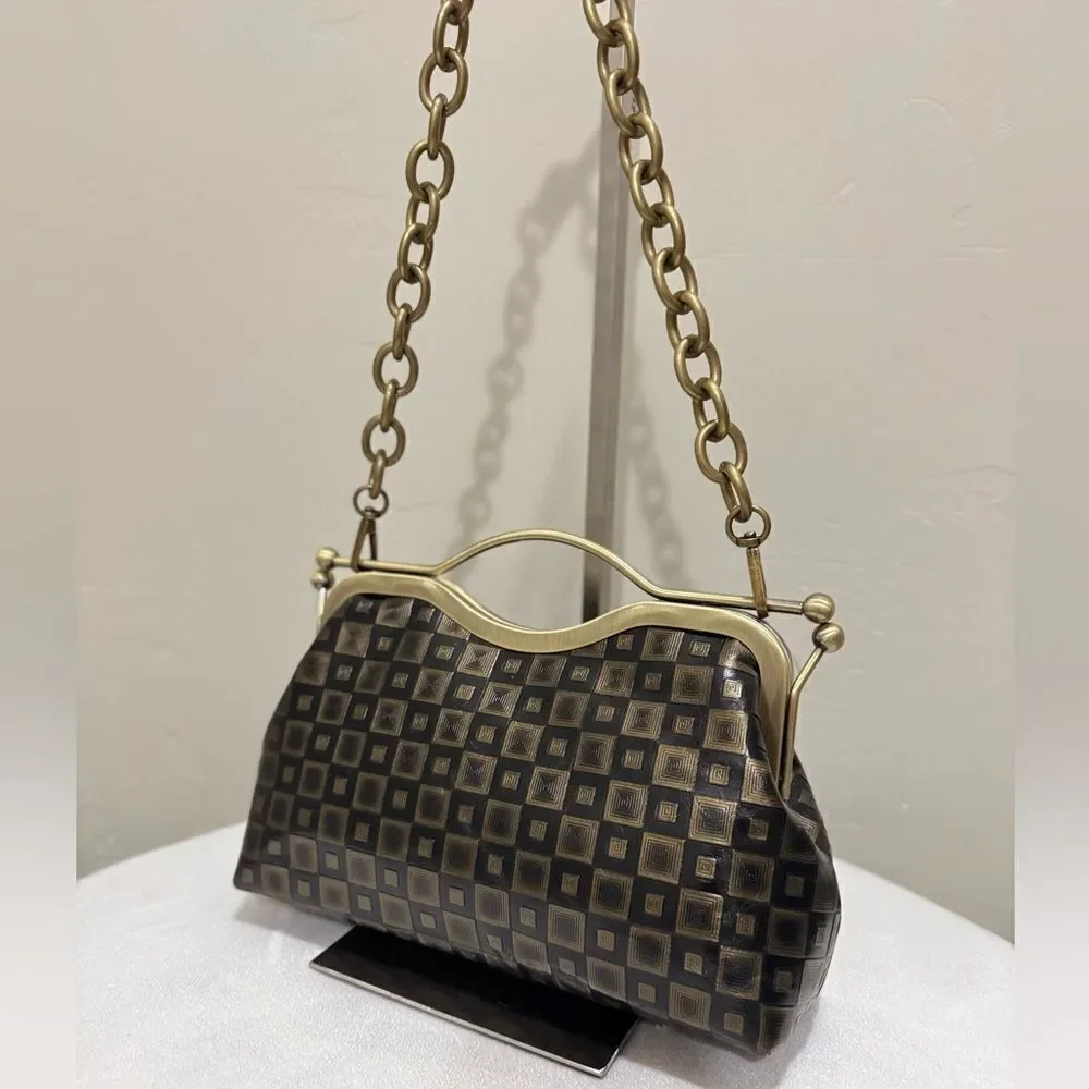 Vintage Pattern Genuine Calfskin Handmade Double Kisslock Purse/Multi Use Style